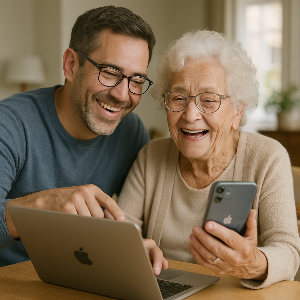 Man helps woman with technology support